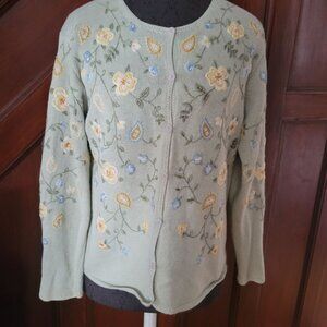 Talbots Floral Embroidered Sweater S Cotton Blend Green Yellow Blue